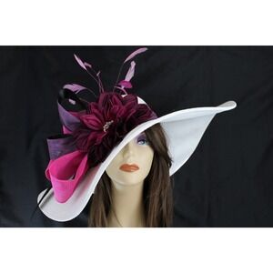 Purple Hot Pink Plum Jeweled Flower Women Kentucky Derby White Hat Wide Brim